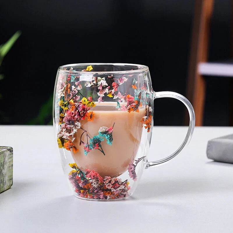 Caneca Flowers Artesanal em Vidro Duplo.