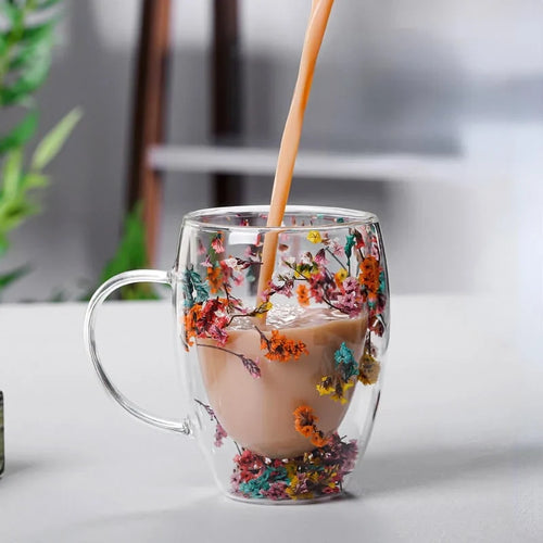 Caneca Flowers Artesanal em Vidro Duplo.