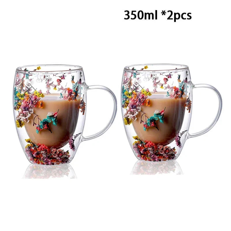 Caneca Flowers Artesanal em Vidro Duplo.
